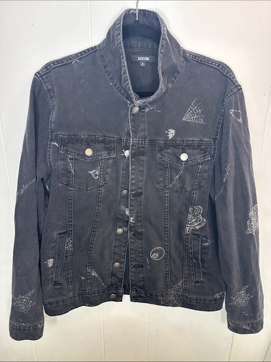 JACKSON Jackets & Blazers - JACKSON Black Distressed Denim Jean Jacket with Subtle White Motifs